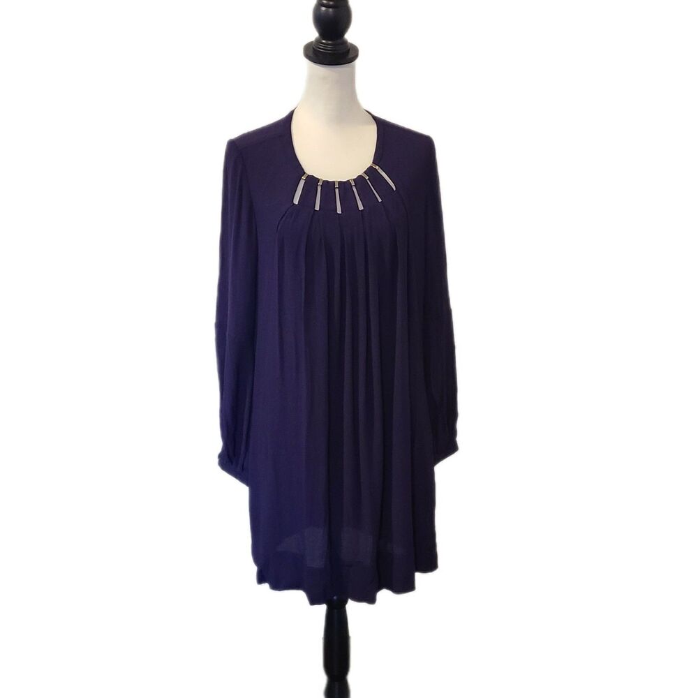 Diane Von Furstenberg Midnight Purple & Silver Accent L/S Shift Dress Size 8